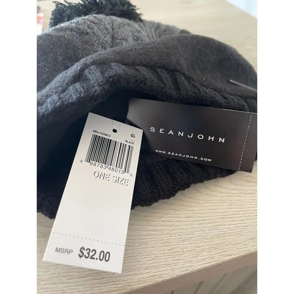 Sean John Mixed Media Wool Pom Stripe Beanie Macy's Exclusive Hat - Black - $32